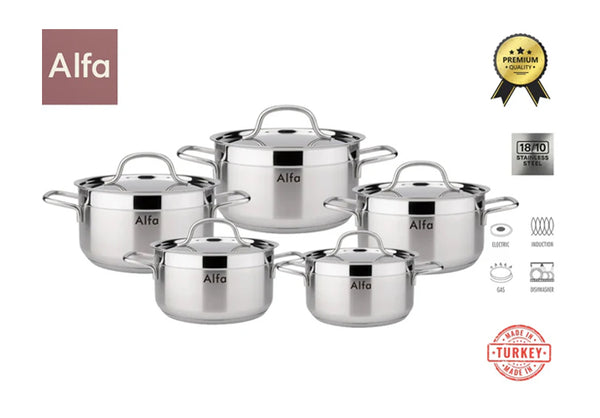 طقم قدور ألفا ستانلس ستيل عالي الجودة 18 على 10 صناعة تركية 