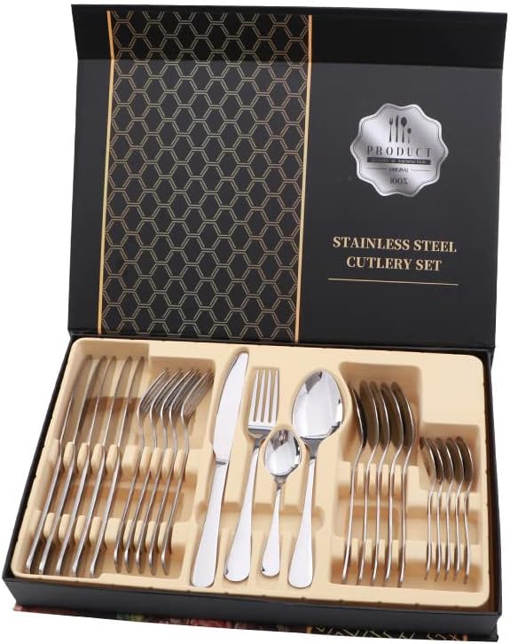 طقم أدوات مائدة مع سكاكين ستيك من الستانلس ستيل – 24 قطعة (شوك، ملاعق، سكاكين) آمن للغسيل في غسالة الصحون – لون فضي