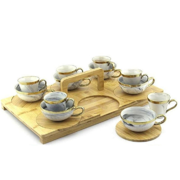 طقم الفخامة فناجين قهوة ومشربات ساخنة ماربل 12 فنجان مع طاولة تقديم وأطباق من الخيزران