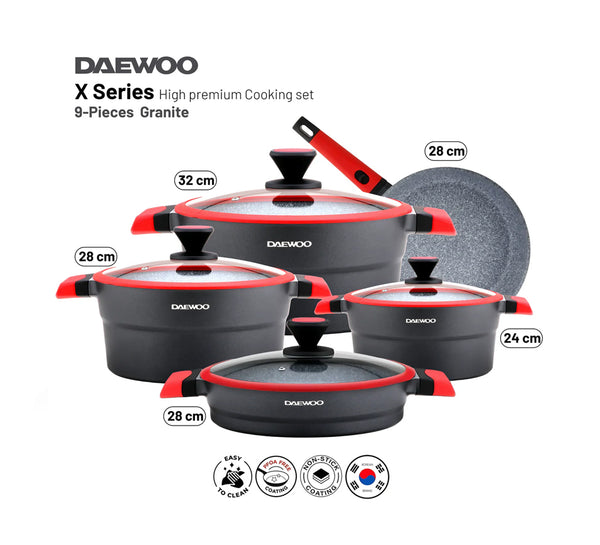 طقم قدور دايو 9 قطع - ألومنيوم مصبوب، طلاء جرانيت غير لاصق، يعمل بالحث الحراري، خالٍ من المواد الكيميائية - أواني 32 سم (9.5 لتر)، 28 سم (6.7 لتر)، 24 سم (4.1 لتر)، مقلاة 28 سم بمقبض قابل للإزالة، طاجن 28 سم، أسود وحواف حمراء
